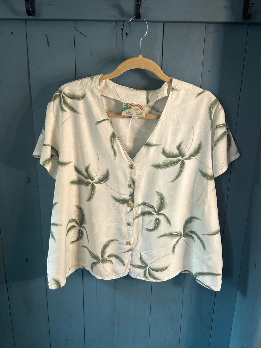 Vintage Paradise Found Cream Palm-Print Button Front Top | Size XL